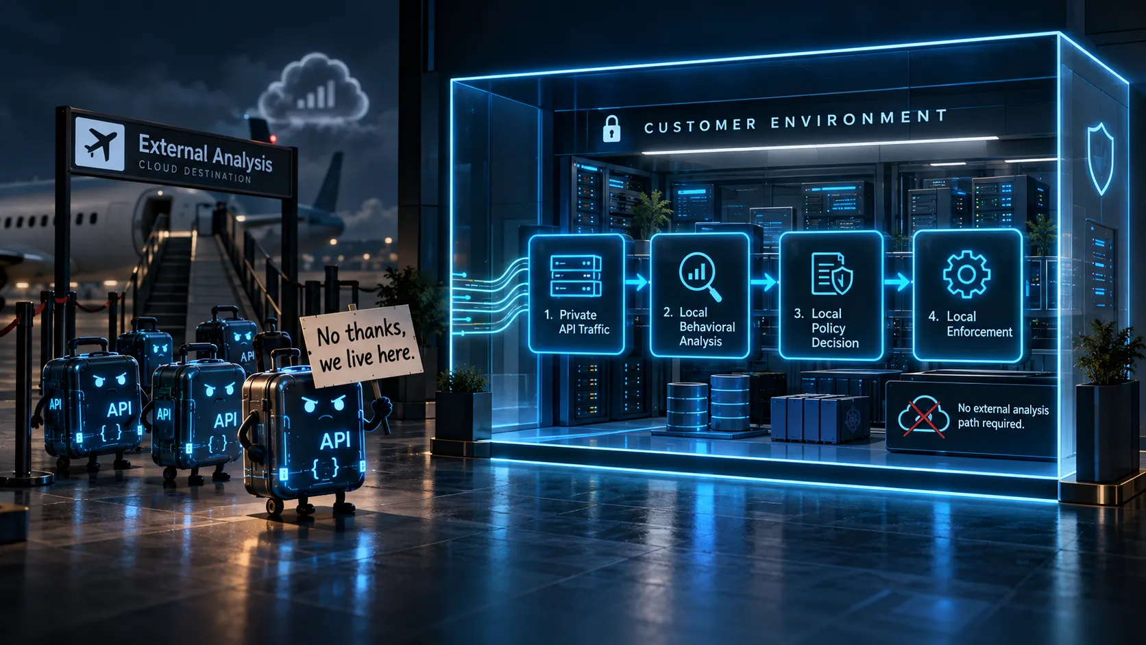 Private API traffic flowing through local behavioral analysis, a local policy decision, and local enforcement inside the customer environment.