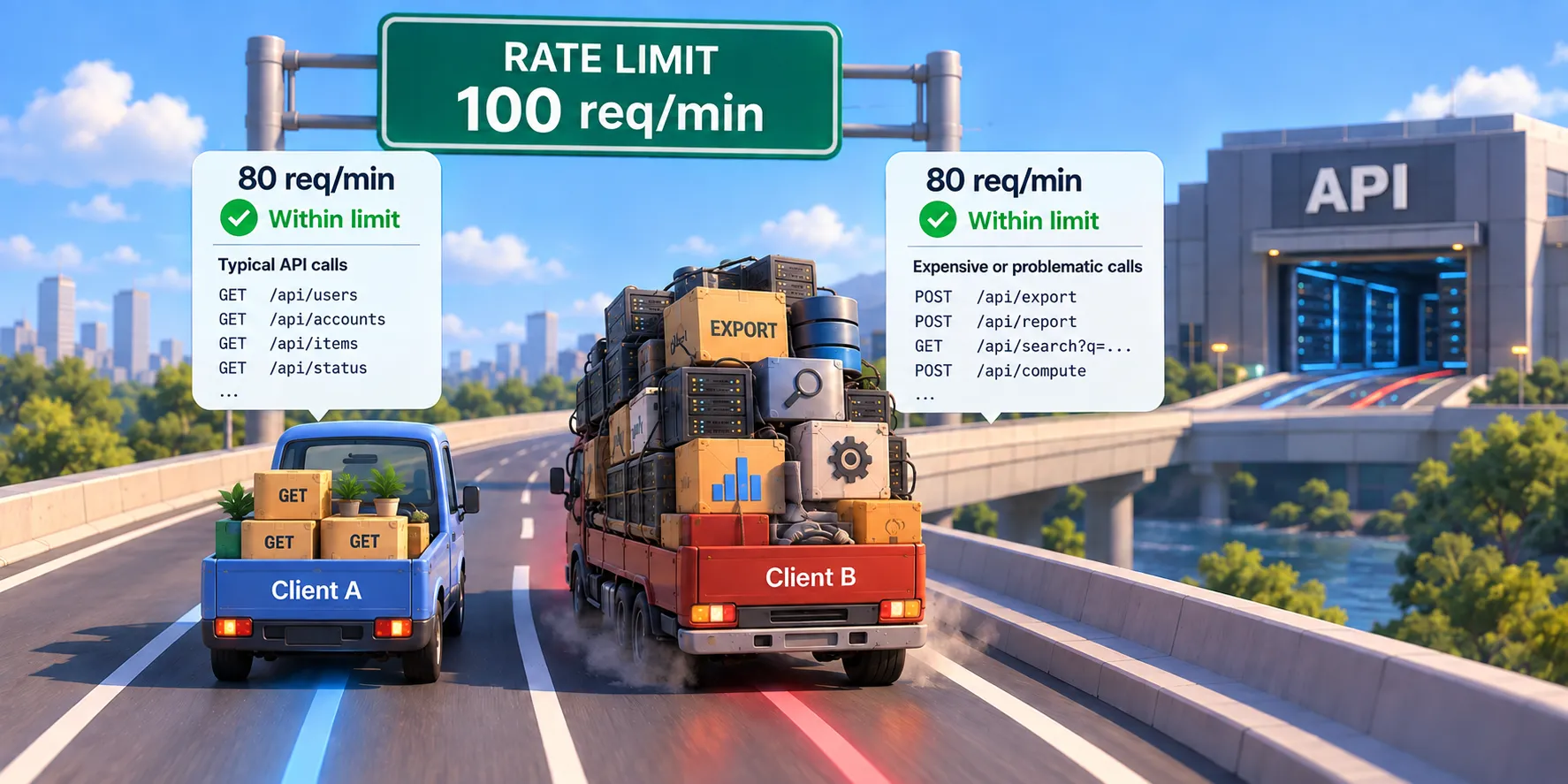 Two authenticated API consumers each sending 80 requests per minute toward the same API with a configured limit of 100 requests per minute. Consumer A makes lightweight API calls, while Consumer B invokes expensive or failure-producing operations. Both remain below the same threshold, but their behavioral and resource impact differs.