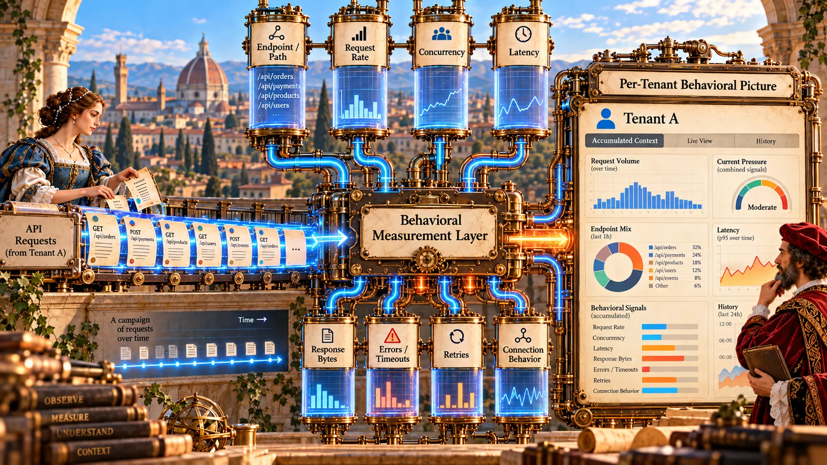 Requests entering a behavioral measurement layer and accumulating context across time, with endpoint, request rate, concurrency, latency, response bytes, errors, retries, and connection behavior feeding a per-tenant behavioral picture.
