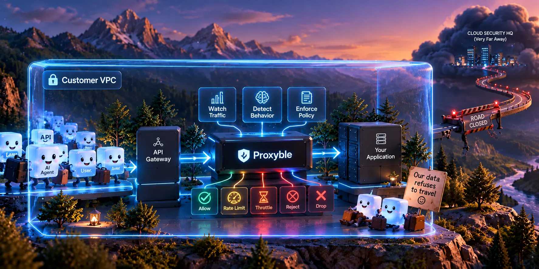 Customer VPC boundary containing the API gateway, Proxyble, and application, with traffic observation, behavioral state, policy evaluation, and enforcement inside the boundary.