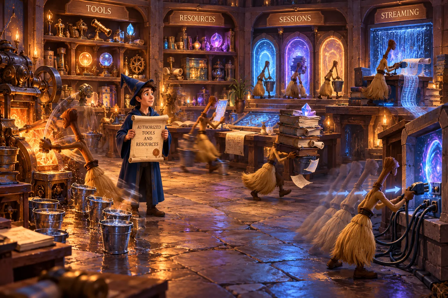 An organized magical workshop representing an MCP server with legitimate access to structured tools and capabilities. Enchanted workers show repeated expensive tool use, rapid tool switching, long-lived workbench occupancy, and repeated reconnects.
