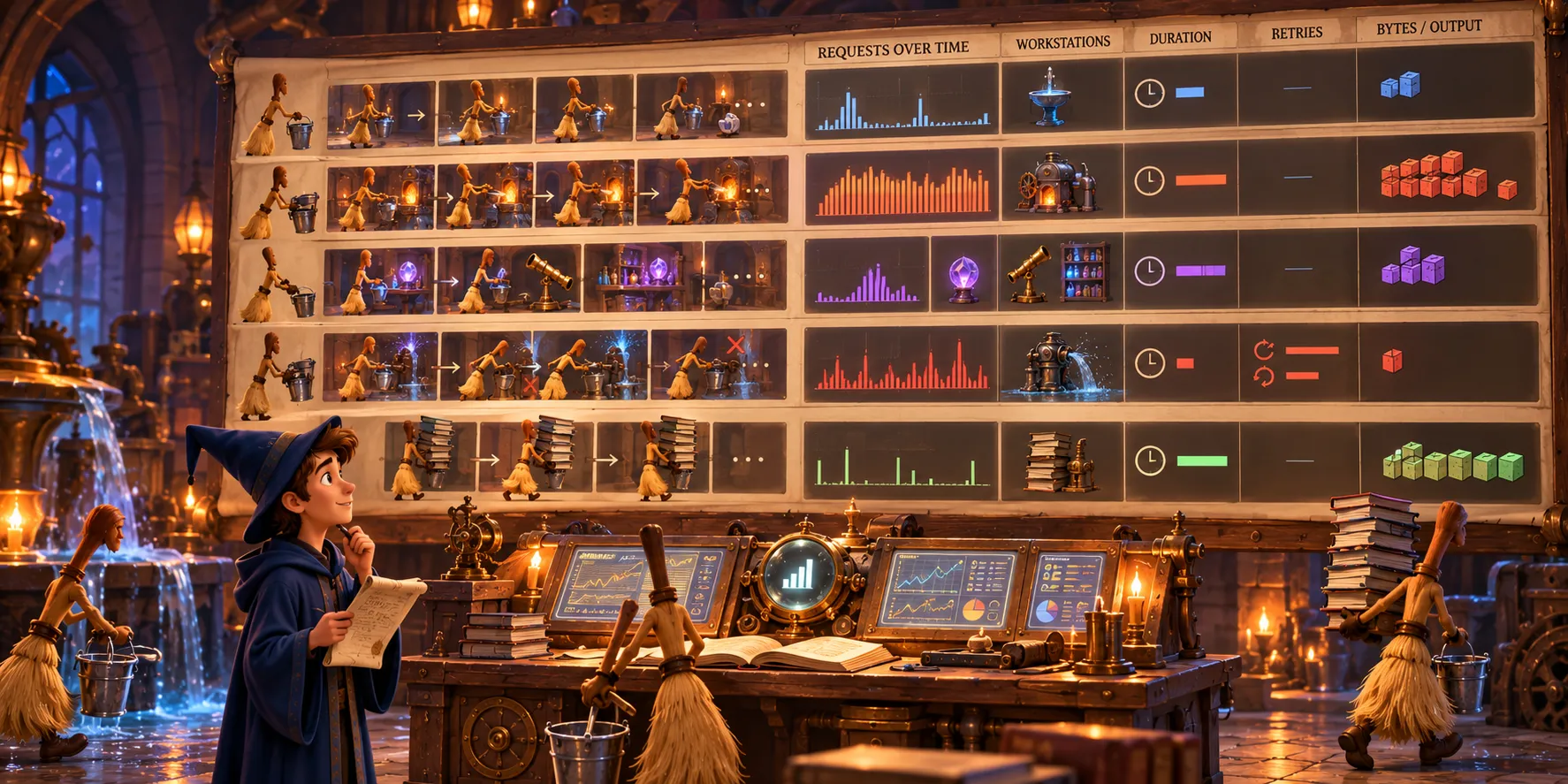 The same magical workshop shown across time, with neutral observation recording workstation visits, repeated tasks, equipment occupancy, material volume, and retries. Accumulated actions reveal repeated expensive work, near-capacity activity, and a failed operation being retried.