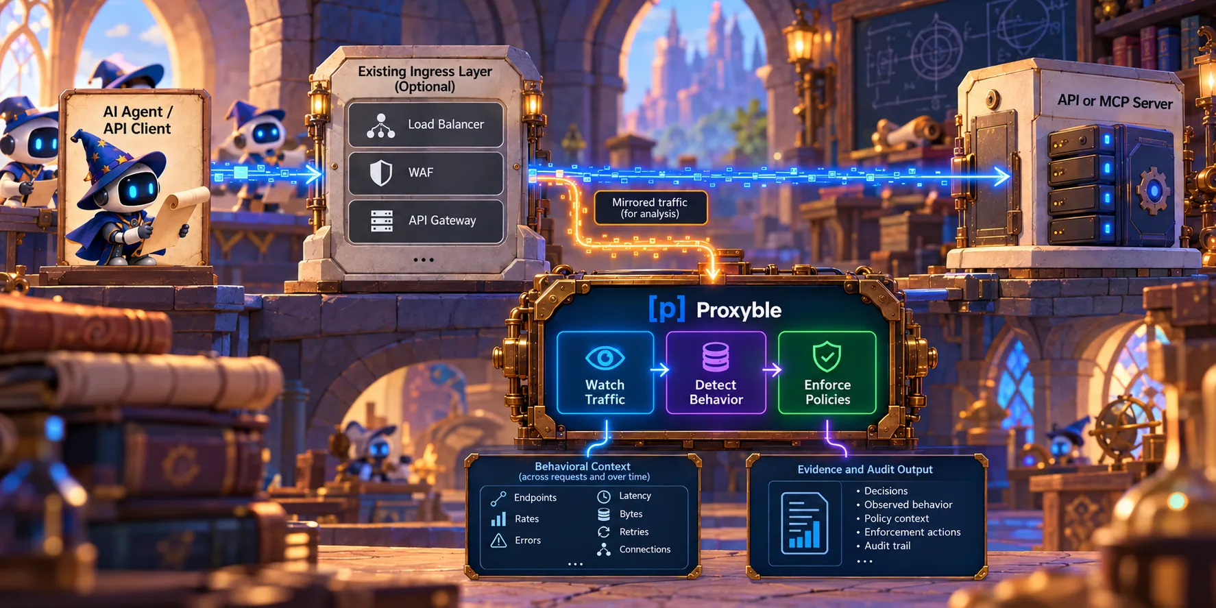 Runtime architecture showing an AI agent or API client passing through optional existing ingress, Proxyble, and an API or MCP server. Proxyble observes traffic, maintains behavioral context, evaluates policy, applies enforcement, and emits evidence without interrupting request flow.