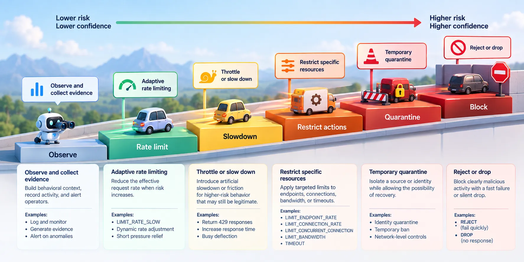 Graduated enforcement ladder driven by increasing behavioral risk and confidence, progressing from evidence collection and adaptive controls to restrictions, quarantine, and reject or drop actions.