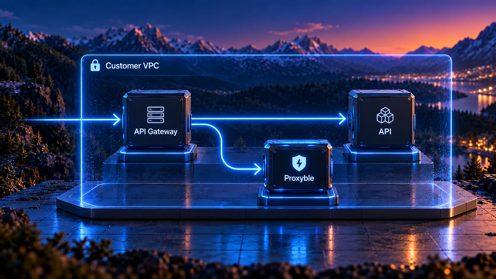 Sidecar deployment path from an internal service through Proxyble Sidecar to an internal API.
