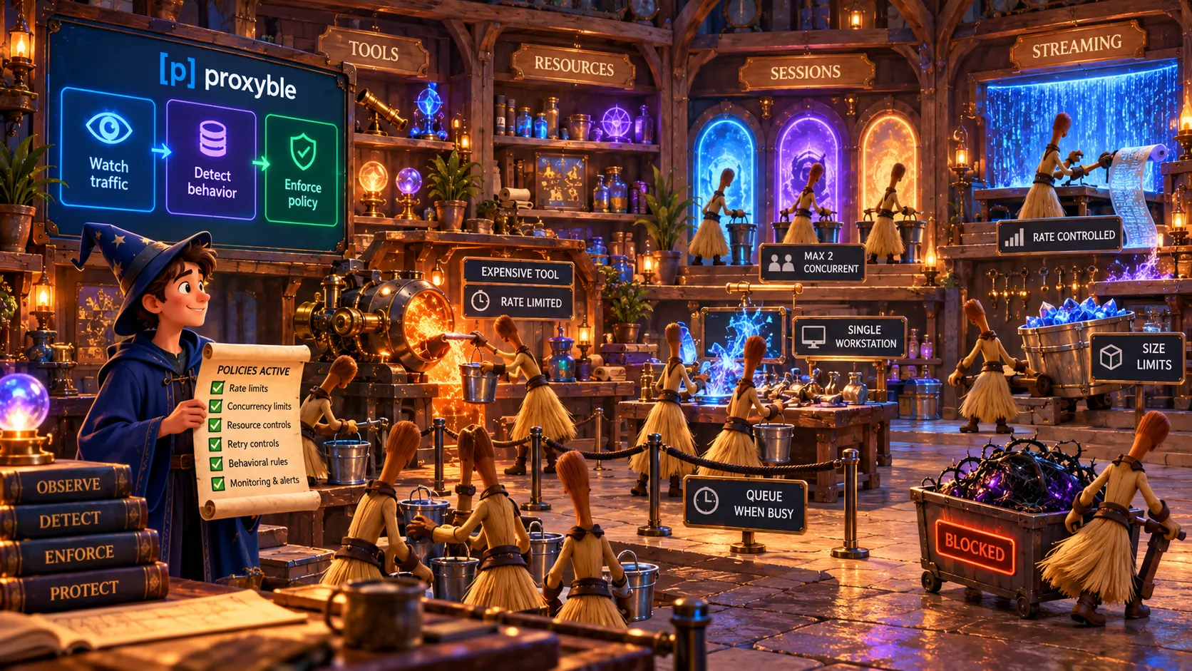 A productive workshop operating within visible boundaries: workers continue their tasks while stations have controlled occupancy, expensive machines run at a measured pace, and queues prevent repeated work from multiplying without limit.